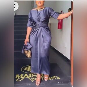 STYLEWE Purple Ruched Midi Gown with Bateau Neckline